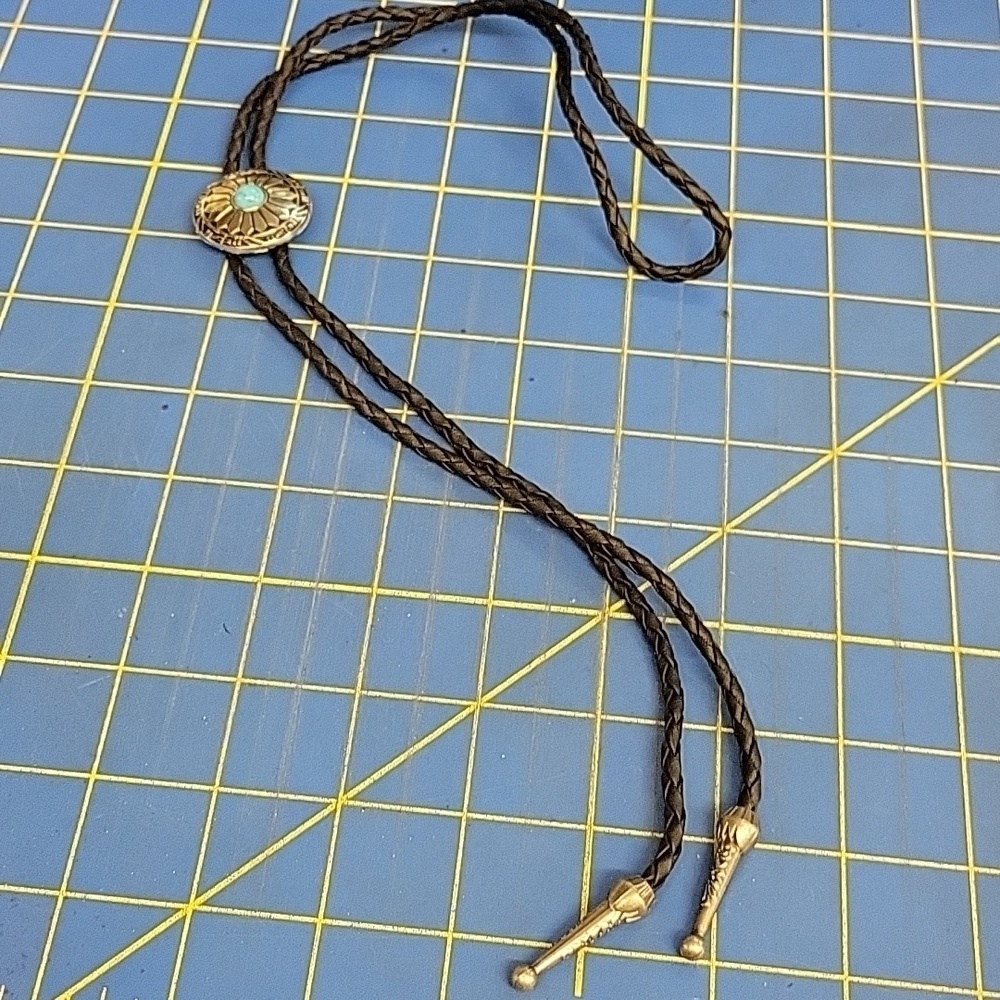 Bolo Silver Tone Turquoise Accent Black Braided Pleather